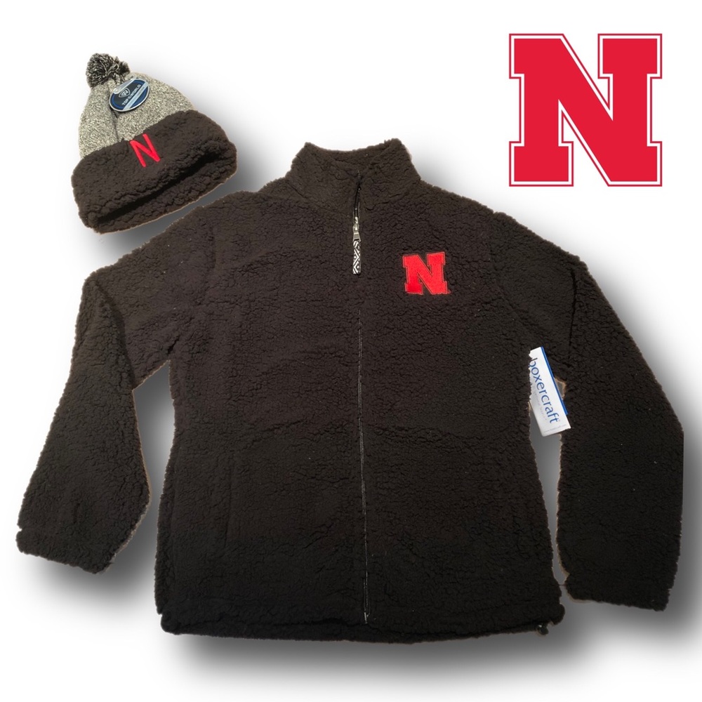NEW WITH TAGS Nebraska Sherpa Zip Fleece and Sherpa Knit Pom Hat